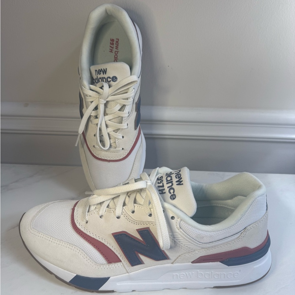 Women’s New Balance 997 White Sneakers with Red and Blue Accents